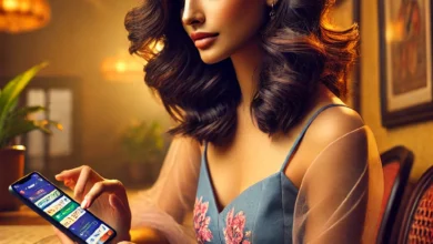 An attractive Indian woman in a stylish dress, using a sports betting app on her smartphone in an HDR-style image with layered, dynamic lighting and warm, realistic details.