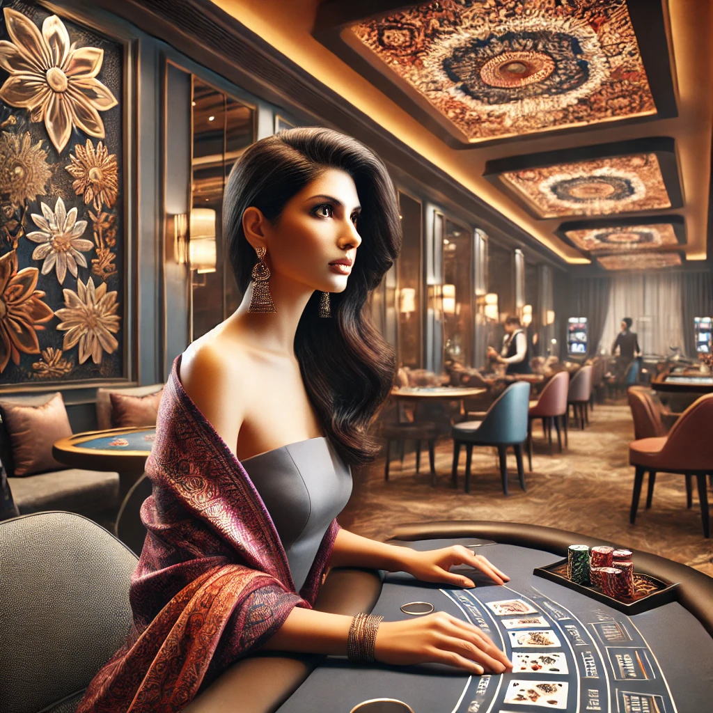 Futuristic casino setting with real-time live dealer gaming, designed for Indian players in an elegant ambiance.