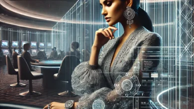 Indian woman engaged in a live dealer game at a modern casino, reflecting an immersive gaming experience