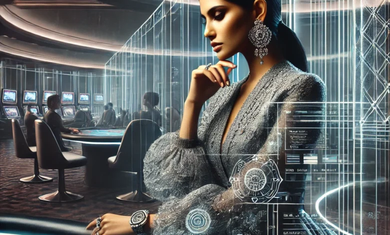 Indian woman engaged in a live dealer game at a modern casino, reflecting an immersive gaming experience