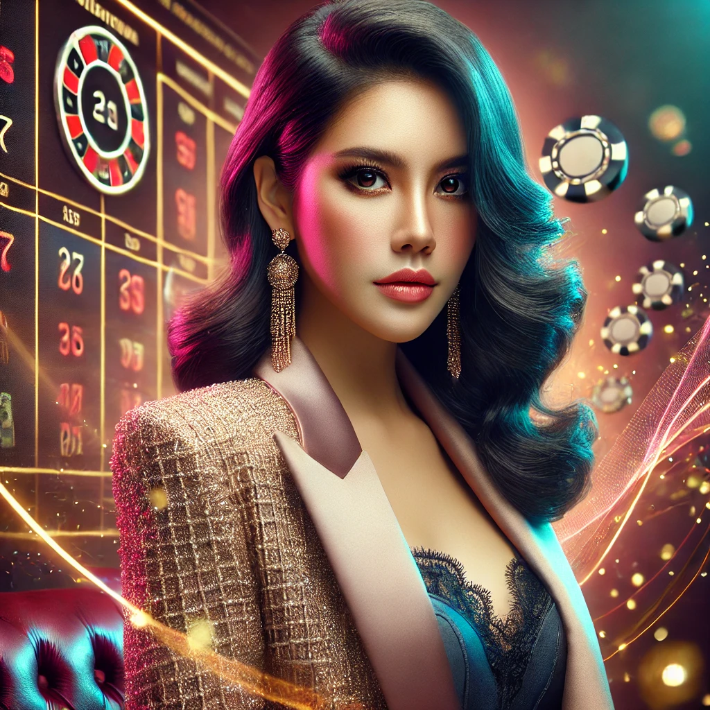 Beautiful Indonesian woman confidently posing in a vibrant casino setting with sports betting elements, highlighting the difference between Handicap and Moneyline betting in Indonesia