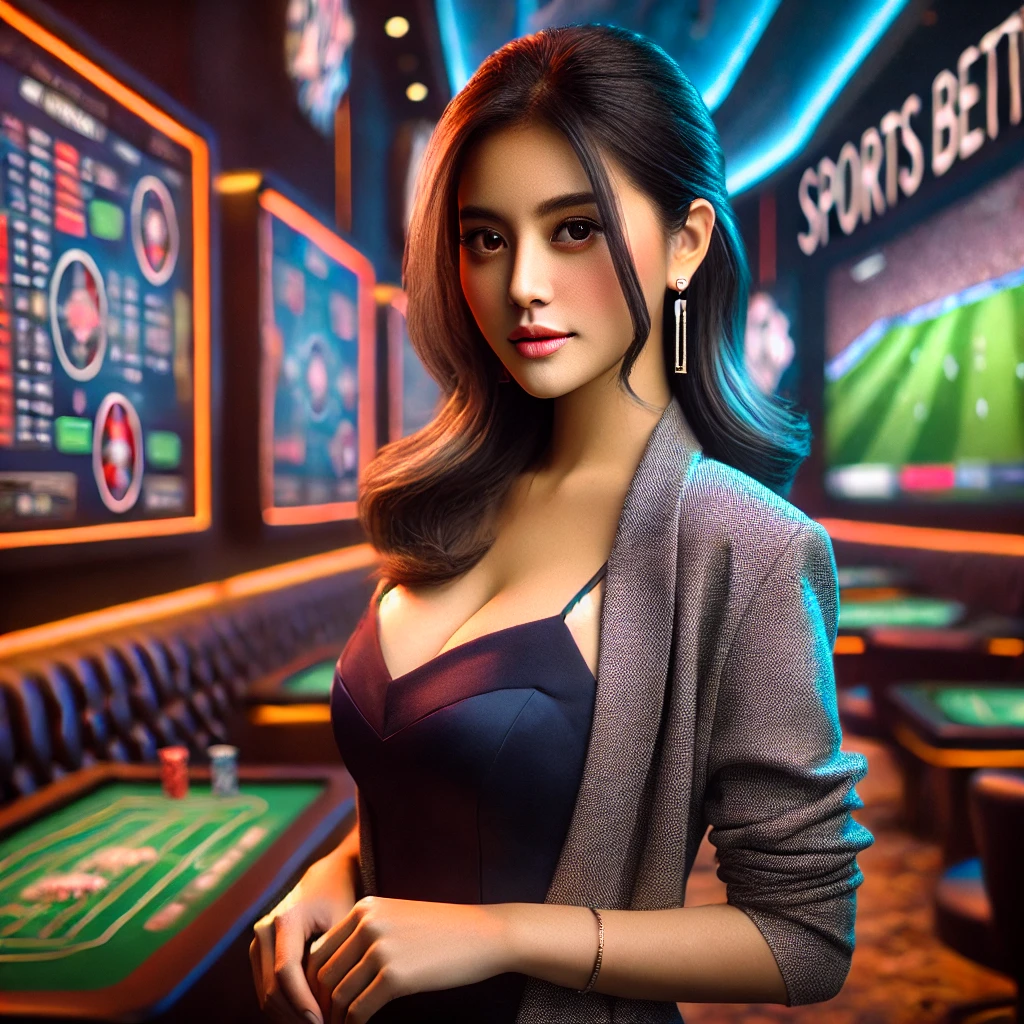 Indonesian woman in chic attire, confidently representing low-risk sports betting strategies for popular leagues, focusing on smart decisions in the betting environment