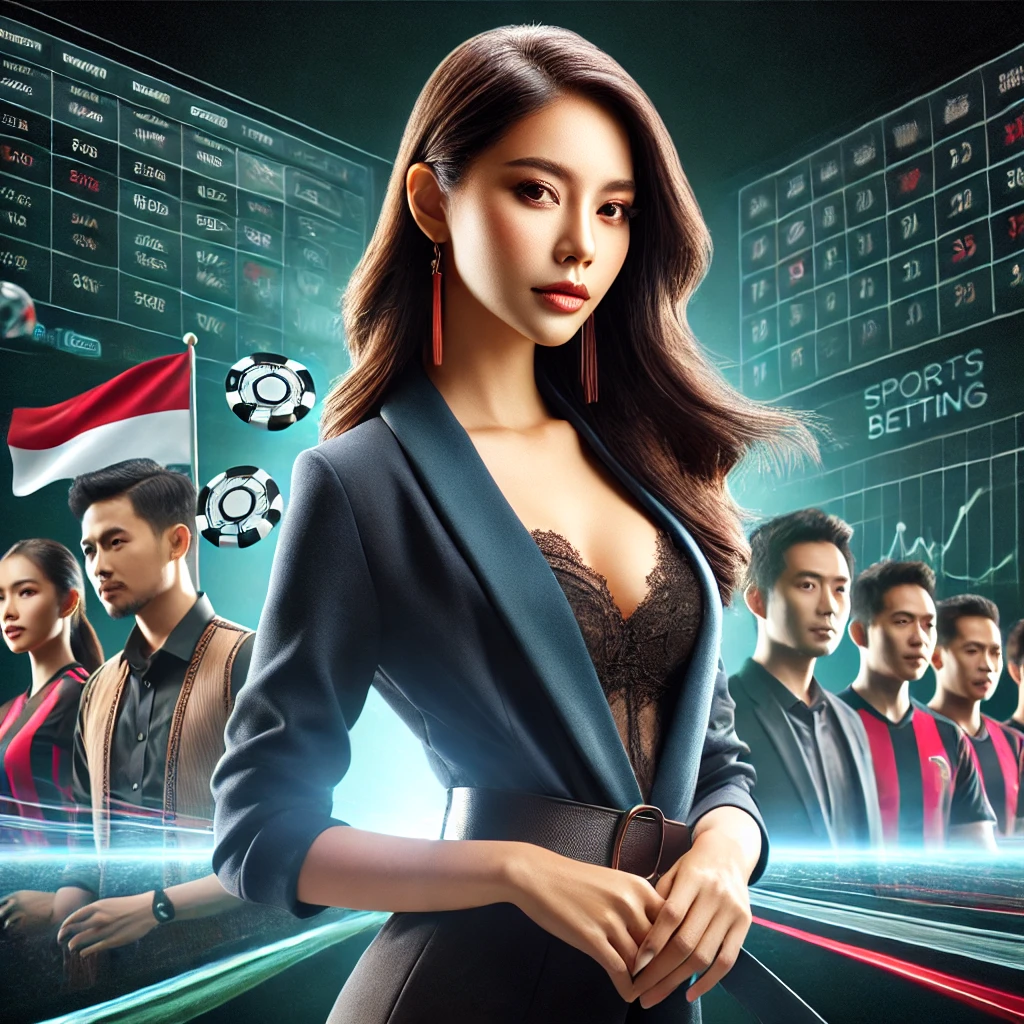ndonesian woman in an elegant outfit, standing in front of a dynamic sports betting backdrop, representing the concept of Handicap and Moneyline betting with high-quality details