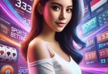 Attractive young Indonesian woman standing in a vibrant sports betting atmosphere, demonstrating strategies for betting in favorite sports leagues without high risk