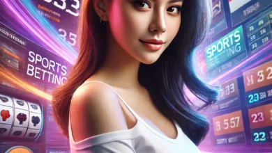 Attractive young Indonesian woman standing in a vibrant sports betting atmosphere, demonstrating strategies for betting in favorite sports leagues without high risk