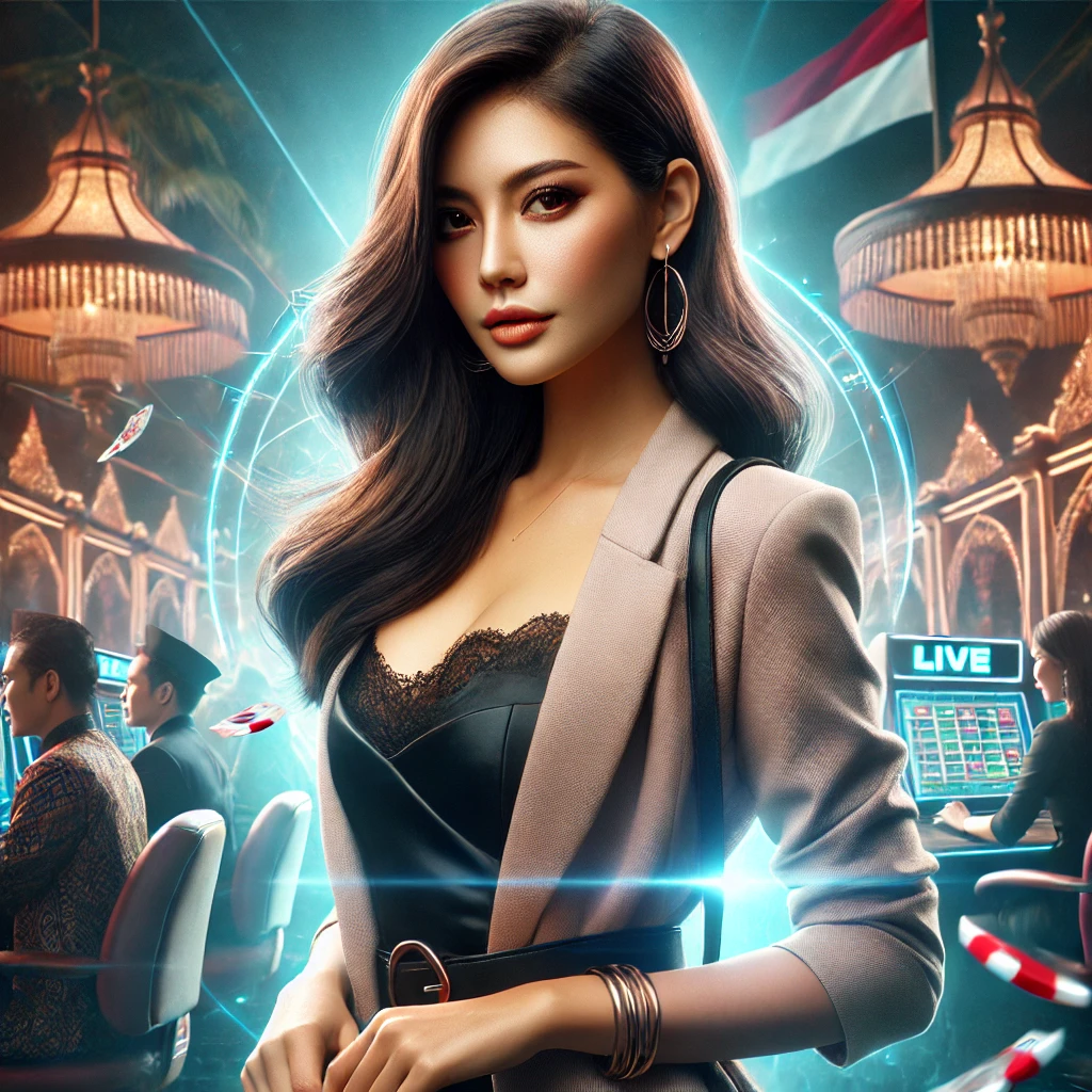 Indonesian woman with a charming smile, set against a dynamic sports betting backdrop, explaining the difference between Handicap and Moneyline betting in Indonesia with engaging visuals.