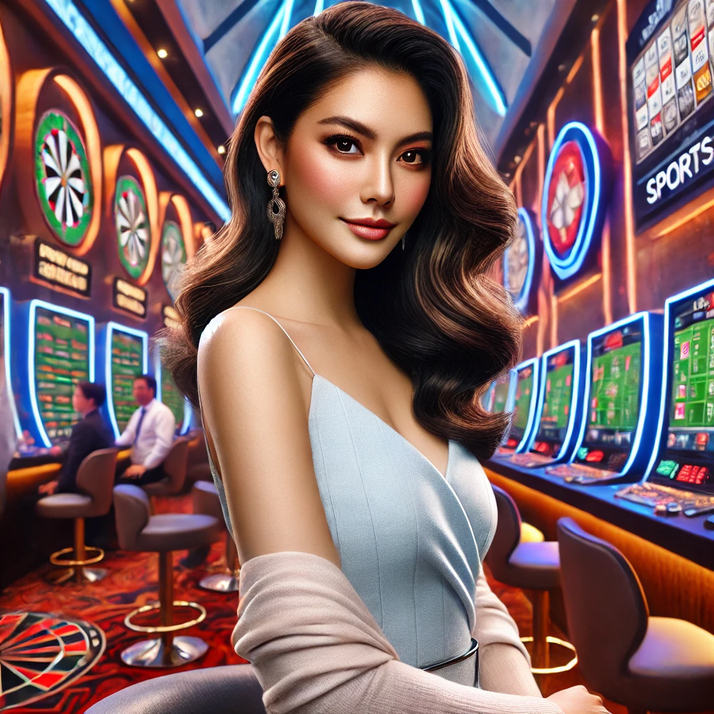 Indonesian woman with a confident smile, dressed in stylish attire, set against a dynamic casino and sports betting background, emphasizing popular betting types in Indonesia