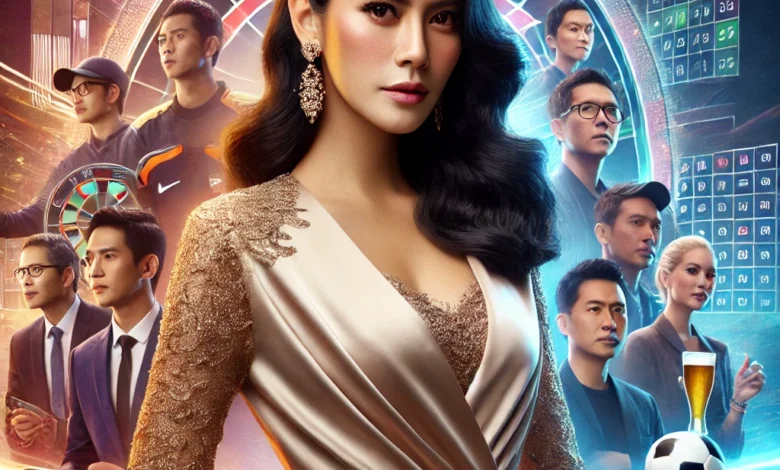 Attractive young Indonesian woman standing confidently in a dynamic sports betting environment, capturing the essence of Handicap and Moneyline betting differences in a polished, sophisticated atmosphere