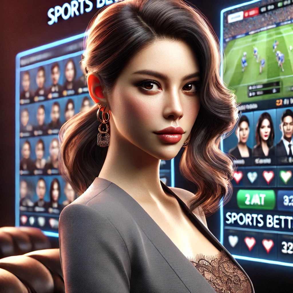 Beautiful Indonesian woman in modern attire, confidently standing in front of a dynamic sports betting background, illustrating the difference between Handicap and Moneyline betting in Indonesia