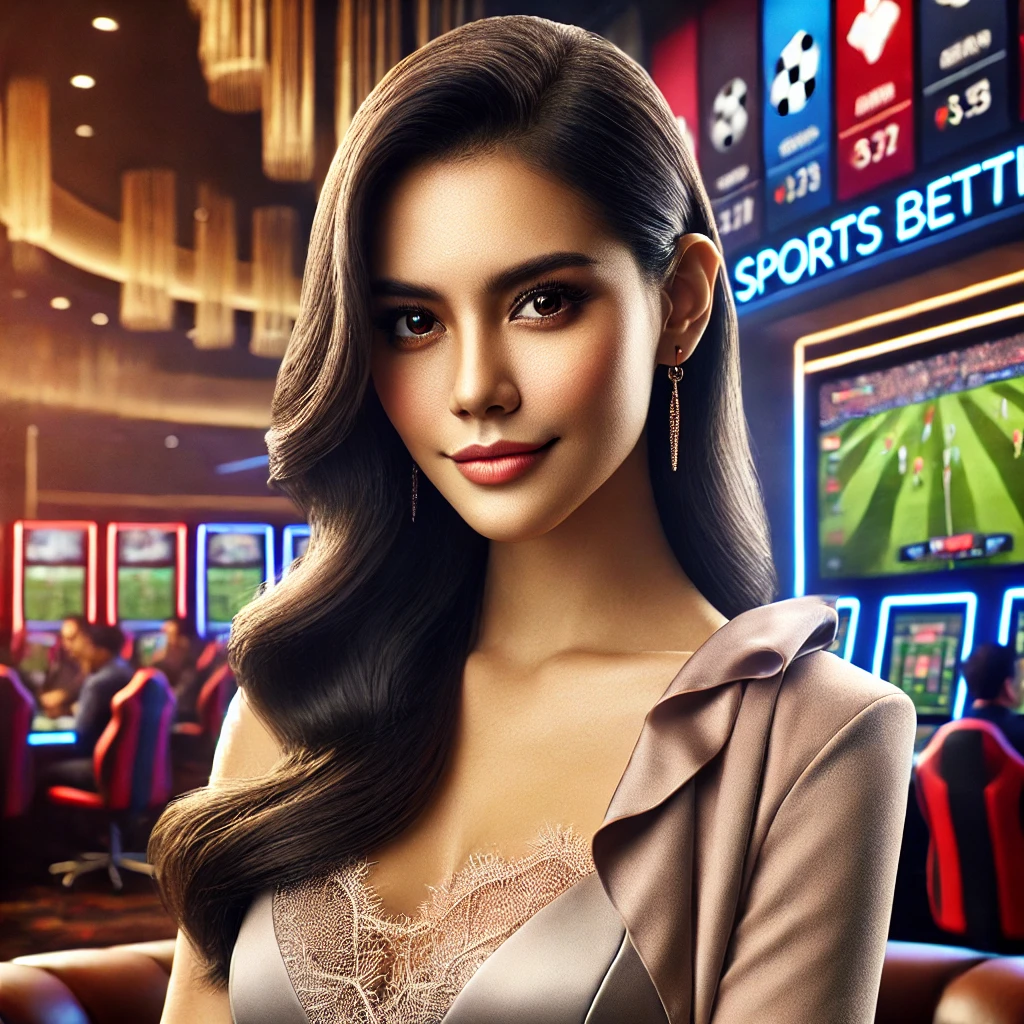 Indonesian woman in chic attire, confidently representing low-risk sports betting strategies for popular leagues, focusing on smart decisions in the betting environment.