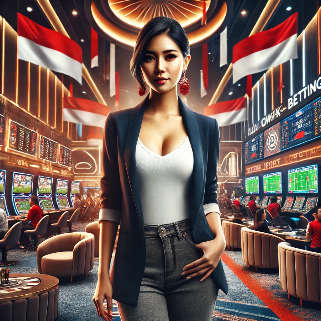 ndonesian woman with a confident expression, standing in front of a dynamic sports betting environment, showcasing smart betting strategies for reducing risk in popular sports leagues.