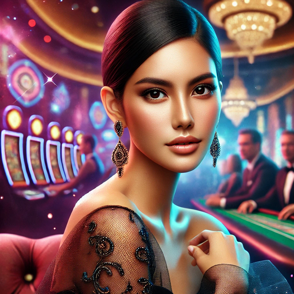 Confident Indonesian woman in a polished casino environment, explaining the key differences between Handicap and Moneyline betting in Indonesia with vibrant, engaging lighting