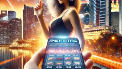 A stylish woman engaging with her smartphone, hinting at sports betting in a lively café setting with Singapore's skyline in the background