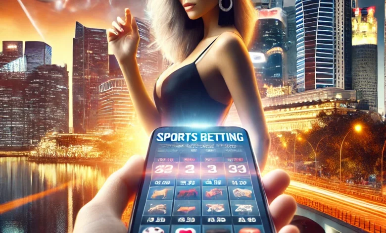 A stylish woman engaging with her smartphone, hinting at sports betting in a lively café setting with Singapore's skyline in the background