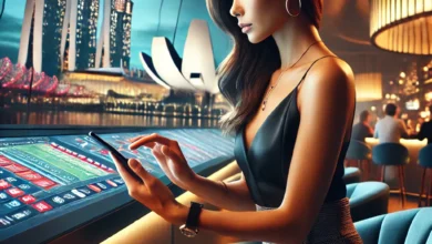 A Singaporean woman using a sports betting app in a stylish setting with the city skyline in the background.