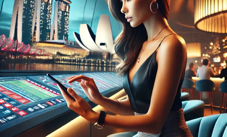 A Singaporean woman using a sports betting app in a stylish setting with the city skyline in the background.