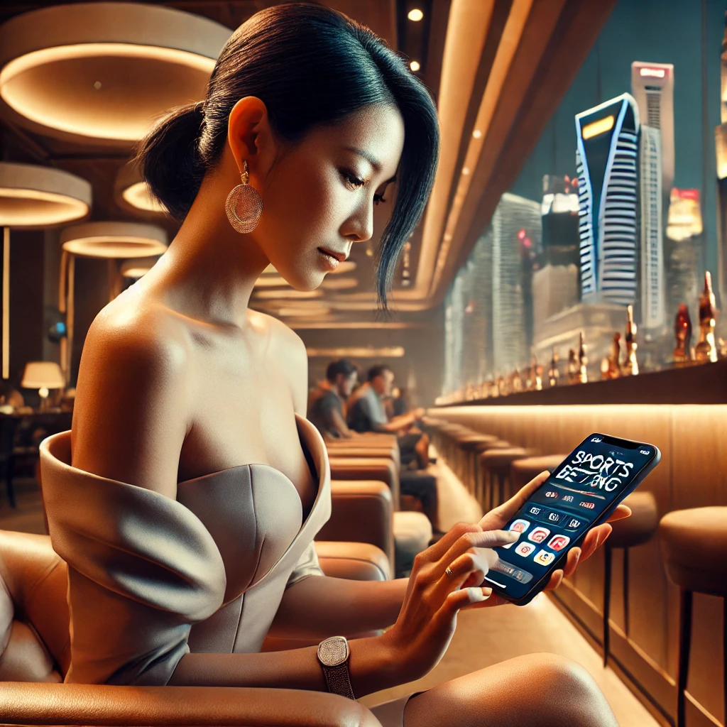 Stylish Singaporean woman using a sports betting app with the city skyline in the background