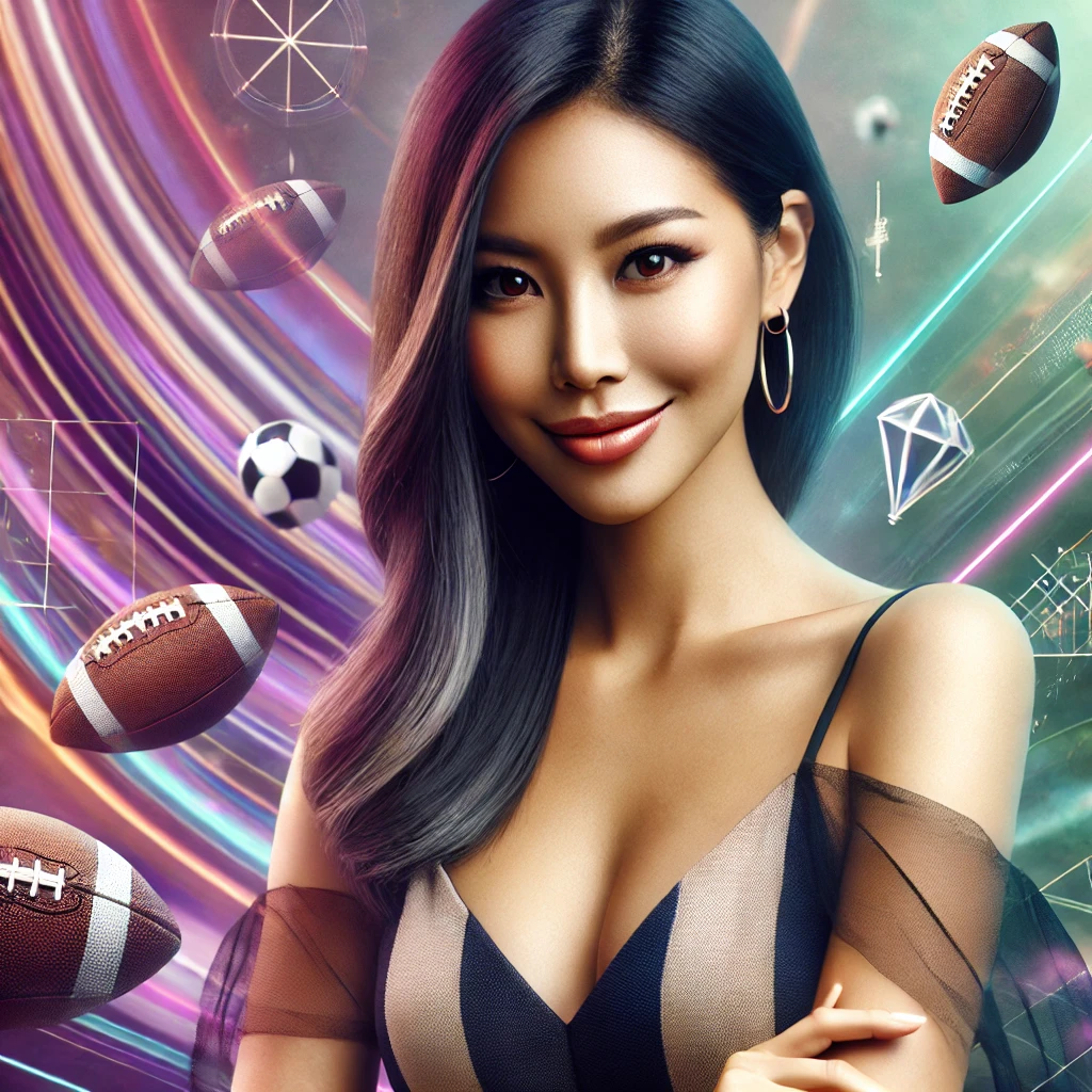 An ultra-realistic image of an attractive, dynamic Asian woman, elegantly styled in a modern, minimal outfit, with sports-themed hints in the blurred background, emphasizing her confident presence