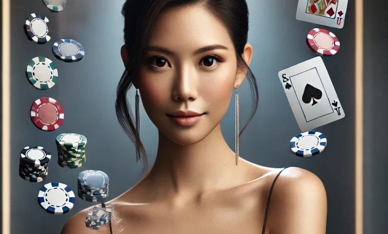 Stylish woman engaging with subtle casino elements in a modern setting.