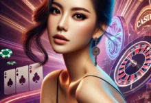 Glamorous Asian woman in elegant outfit, confidently standing in a vibrant casino-themed environment with subtle Singaporean elements