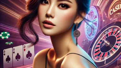 Glamorous Asian woman in elegant outfit, confidently standing in a vibrant casino-themed environment with subtle Singaporean elements