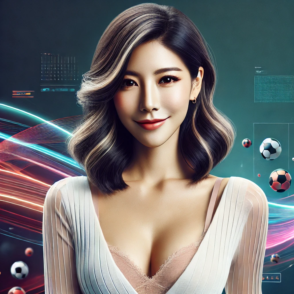 Beautiful, mature Asian woman in an engaging pose with subtle sports betting-inspired background elements