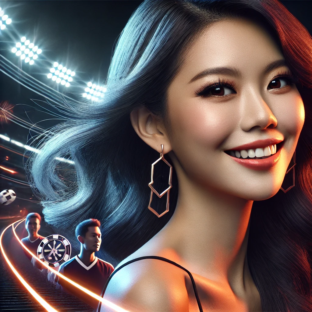 A modern sports betting scene featuring a vibrant Singaporean woman with artistic, energetic elements of stadium lights and sports symbols.