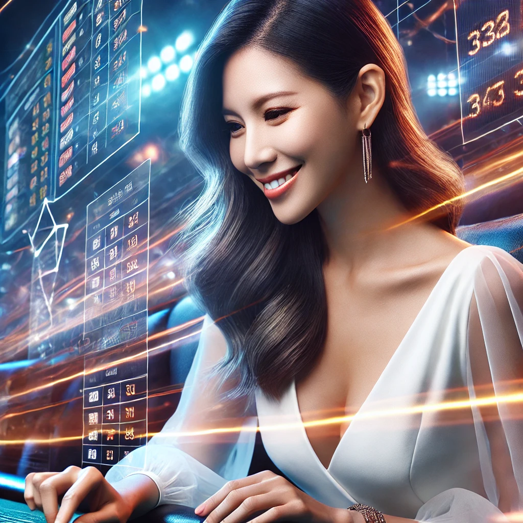 A hyper-realistic image of a stylish Singaporean woman enjoying sports betting, set against a lively, sports-themed background.