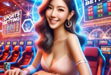 A beautiful Singaporean woman engaged in sports betting with a vibrant, dynamic background, featuring abstract scoreboards and stadium lights