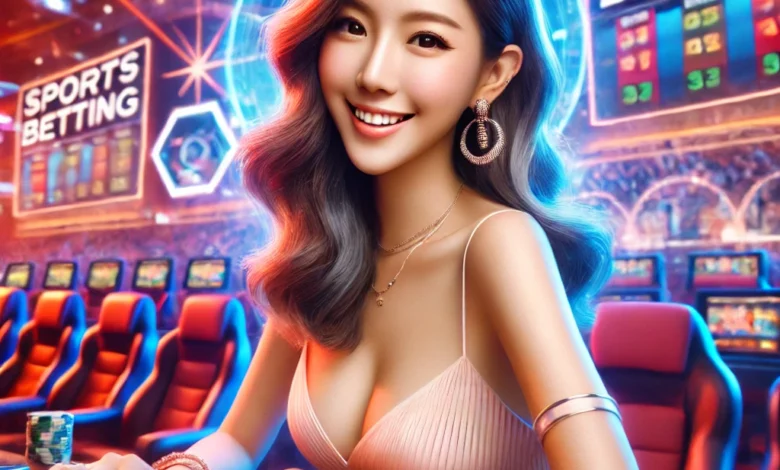 A beautiful Singaporean woman engaged in sports betting with a vibrant, dynamic background, featuring abstract scoreboards and stadium lights