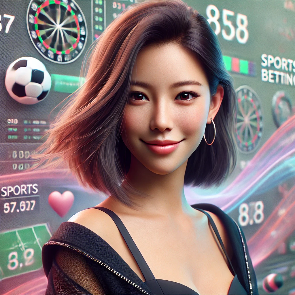 A hyper-realistic close-up of a young Asian woman in a sophisticated, minimalist outfit, with a vibrant, dynamic background hinting at sports themes, showcasing her stylish and confident expression