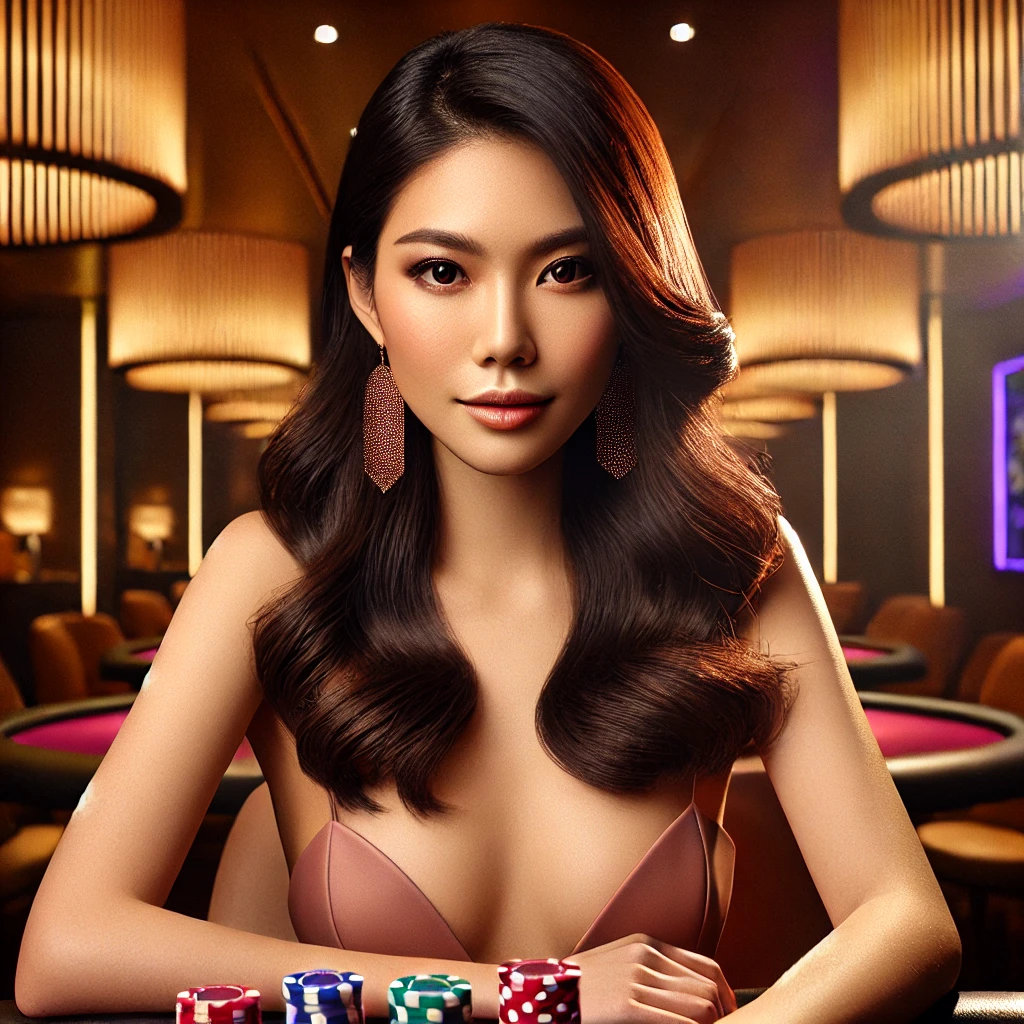 Elegant Singaporean woman enjoying a high-quality casino atmosphere with poker chips and cards