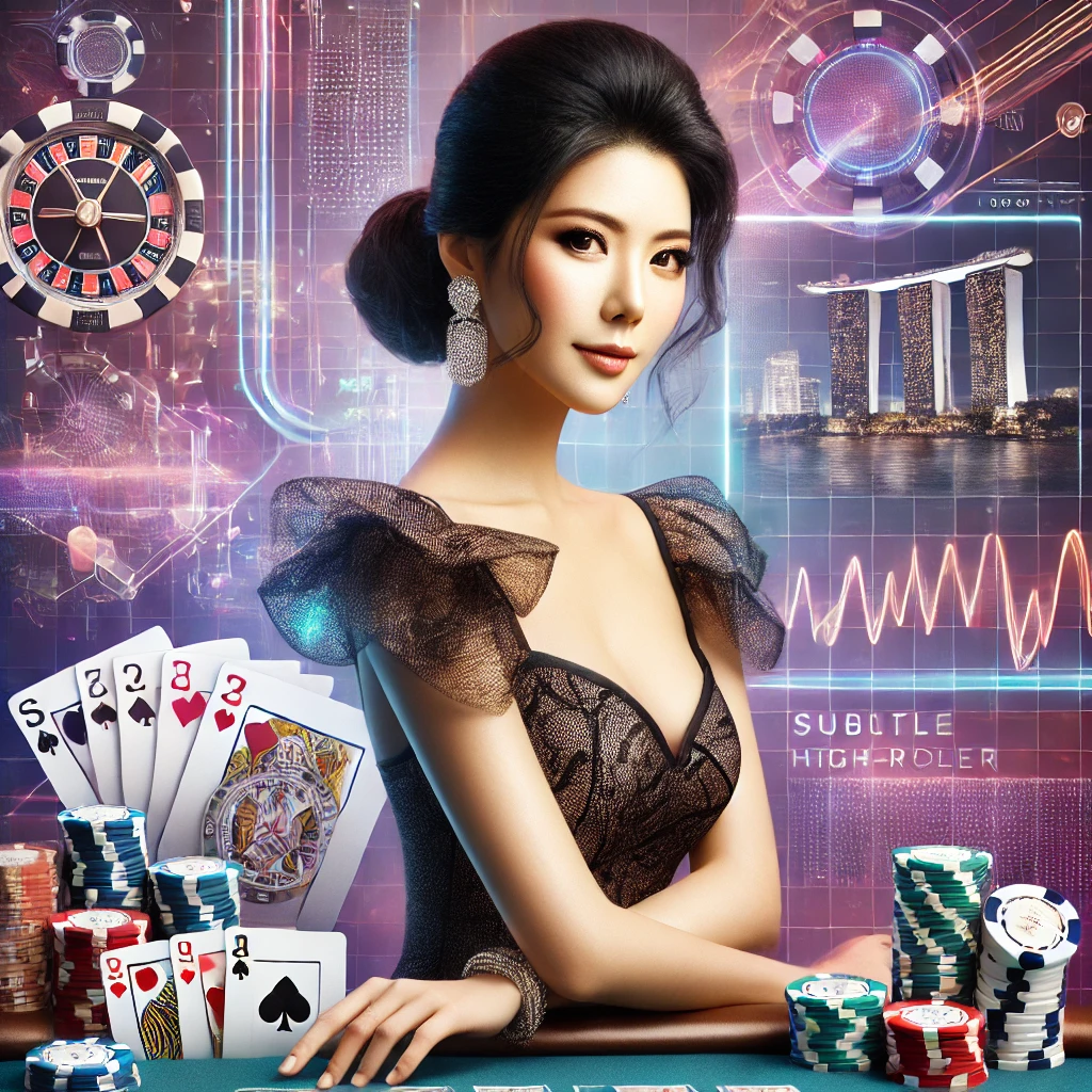 Vibrant casino scene featuring a stylish Singaporean woman, capturing the excitement of a high-stakes gaming atmosphere.