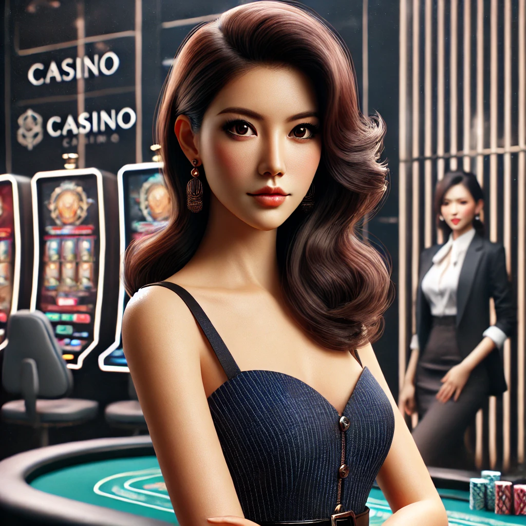 Confident Asian woman in luxurious outfit, exuding glamour in a polished casino setting with vibrant lighting and subtle landmarks