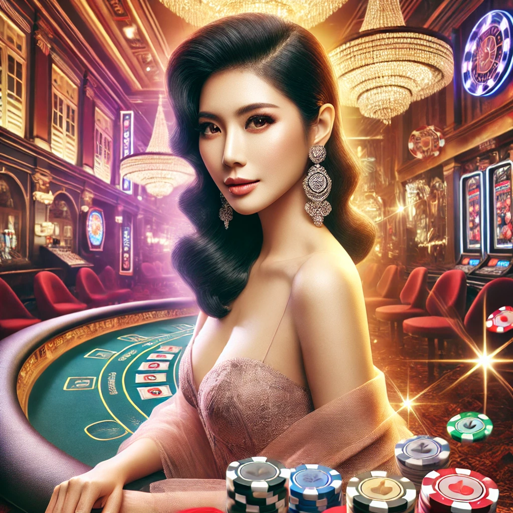 Sophisticated Singaporean woman in a high-roller setting, with colorful poker chips and cards adding a dynamic casino ambiance