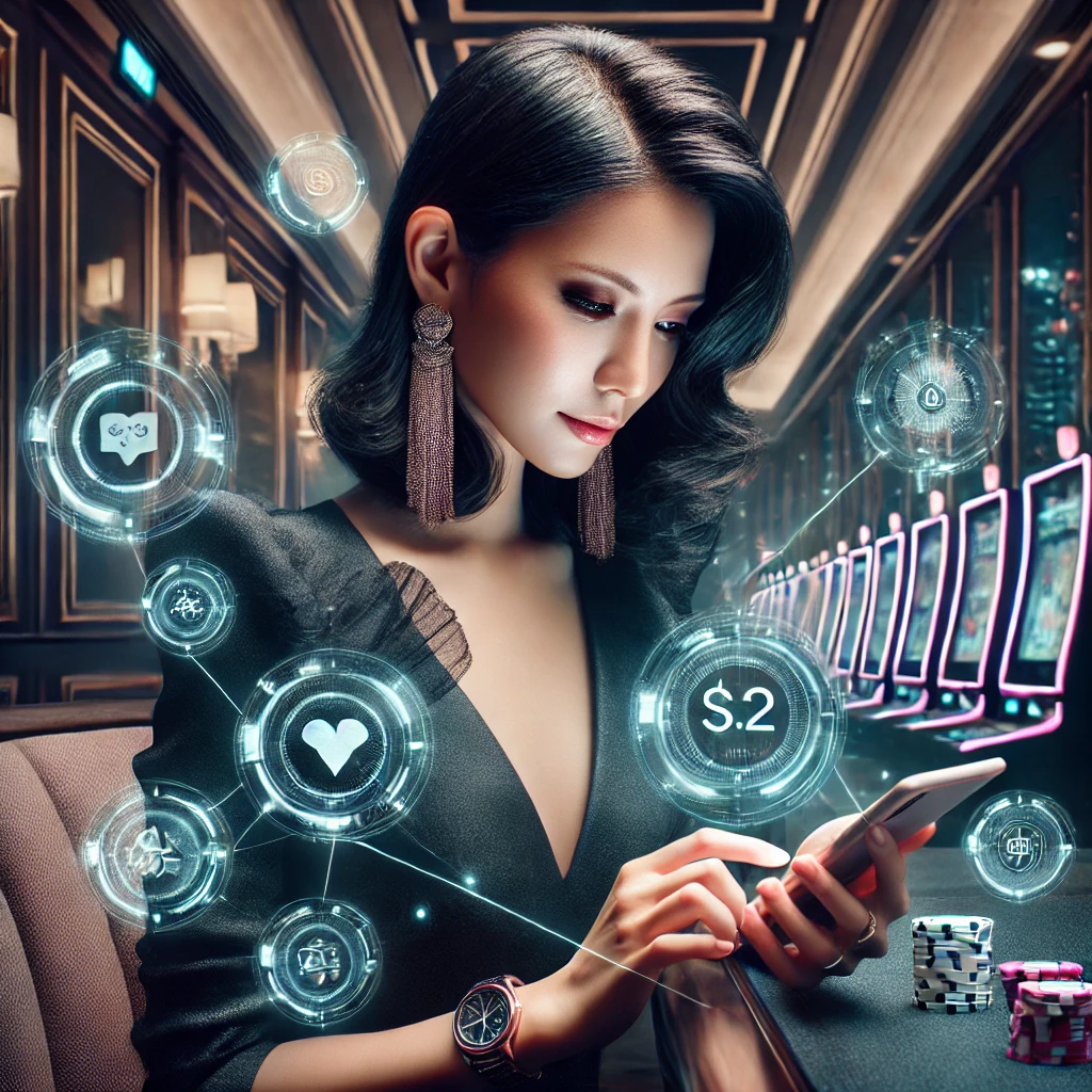 Elegant Singaporean woman completing a seamless online casino sign-up with creative digital elementsd