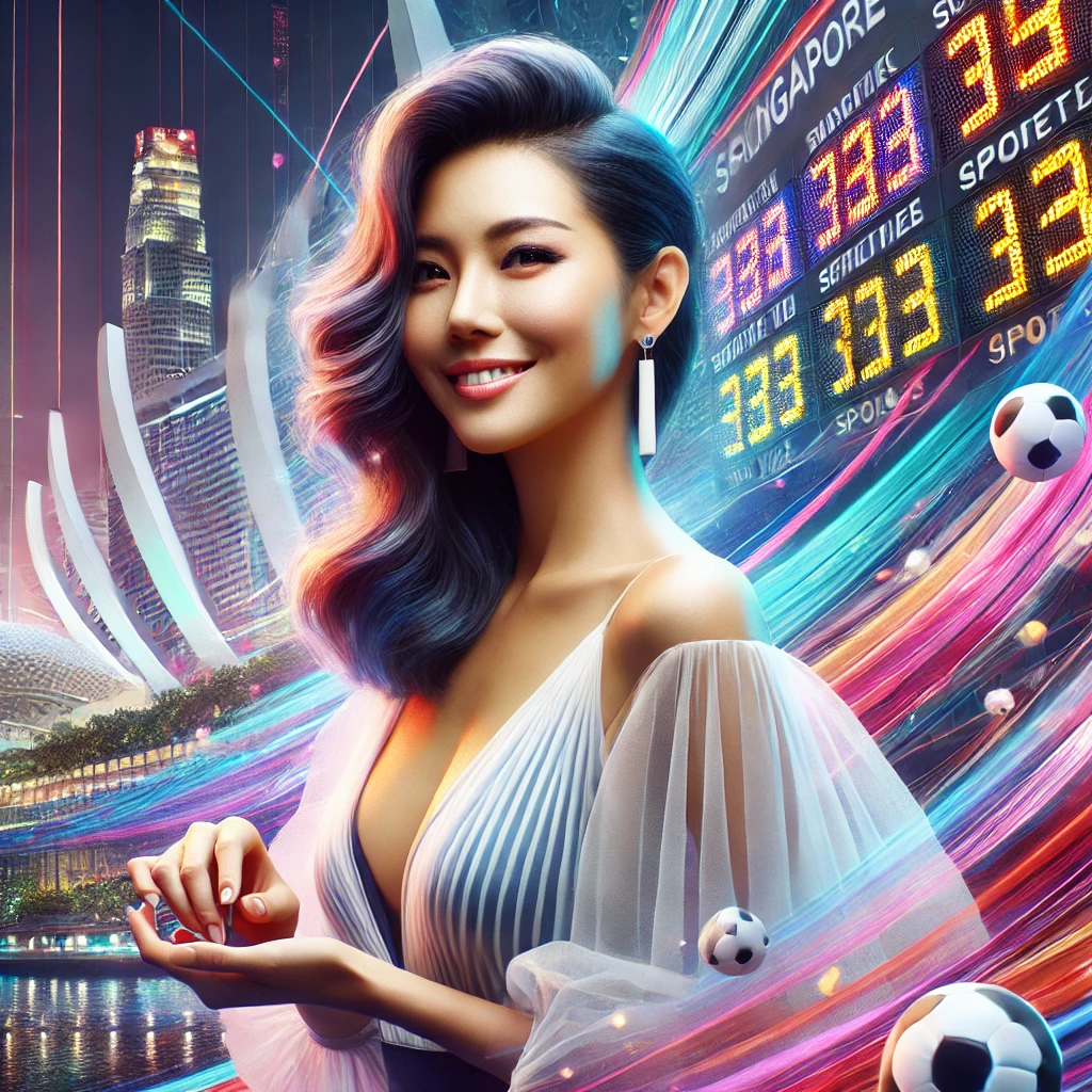 stylish Singaporean woman enjoying sports betting with a creative, energetic background, including scoreboards and stadium lights