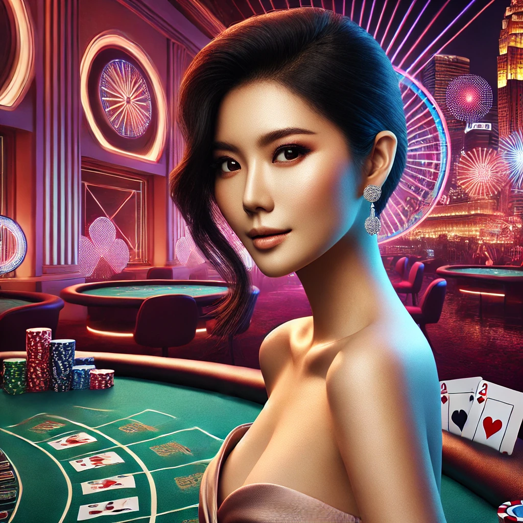 Beautiful Singaporean woman in a modern casino-inspired setting with floating poker chips and cards