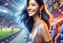 An ultra-high-quality image of a Singaporean woman in a vibrant sports betting setting, with abstract sports-themed visuals