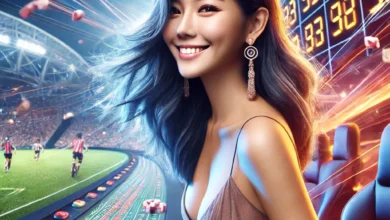 An ultra-high-quality image of a Singaporean woman in a vibrant sports betting setting, with abstract sports-themed visuals