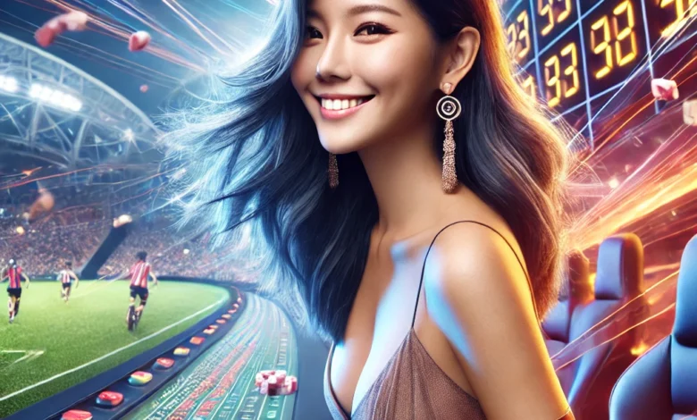 An ultra-high-quality image of a Singaporean woman in a vibrant sports betting setting, with abstract sports-themed visuals