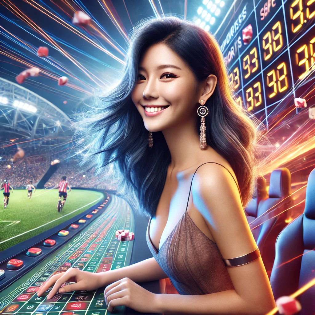 An ultra-high-quality image of a Singaporean woman in a vibrant sports betting setting, with abstract sports-themed visuals