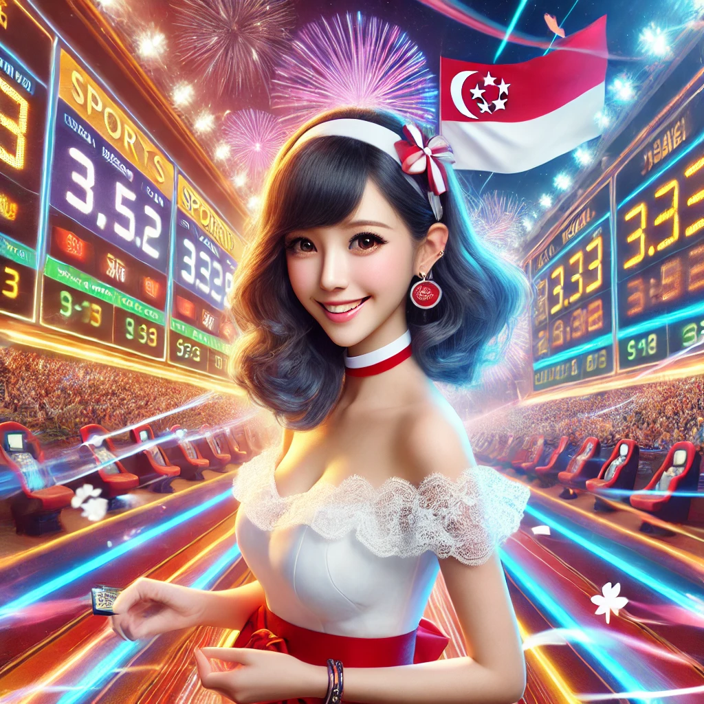 A cheerful Singaporean woman in a unique sports betting scene, with vibrant abstract sports elements in the background.