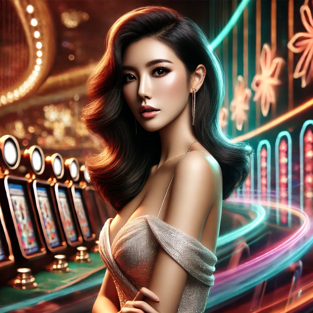 Elegant Asian woman with a smile, dressed in a luxurious outfit, standing in a sophisticated casino atmosphere