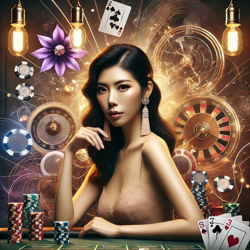 Stylish Singaporean woman in a vibrant casino-inspired setting, surrounded by gaming elements