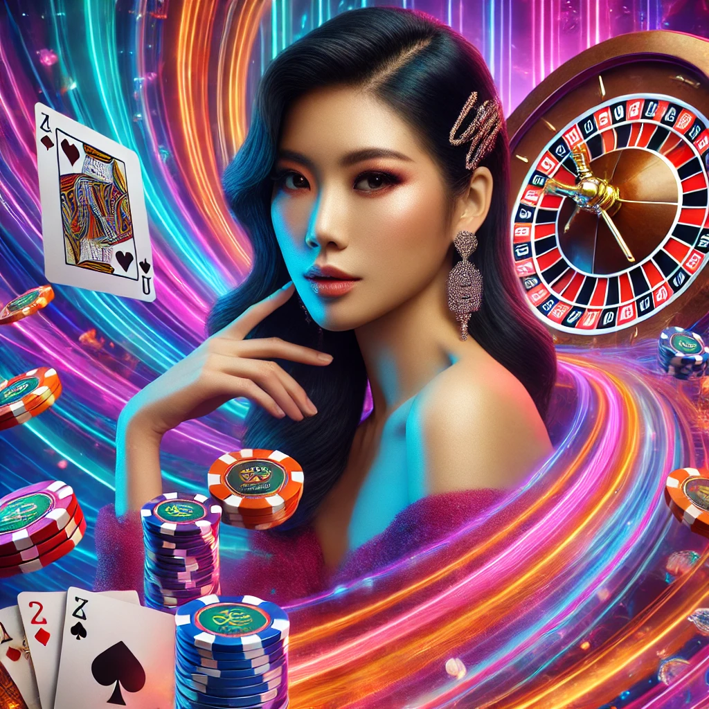 Sophisticated Singaporean woman in a luxurious casino environment with modern gaming elements