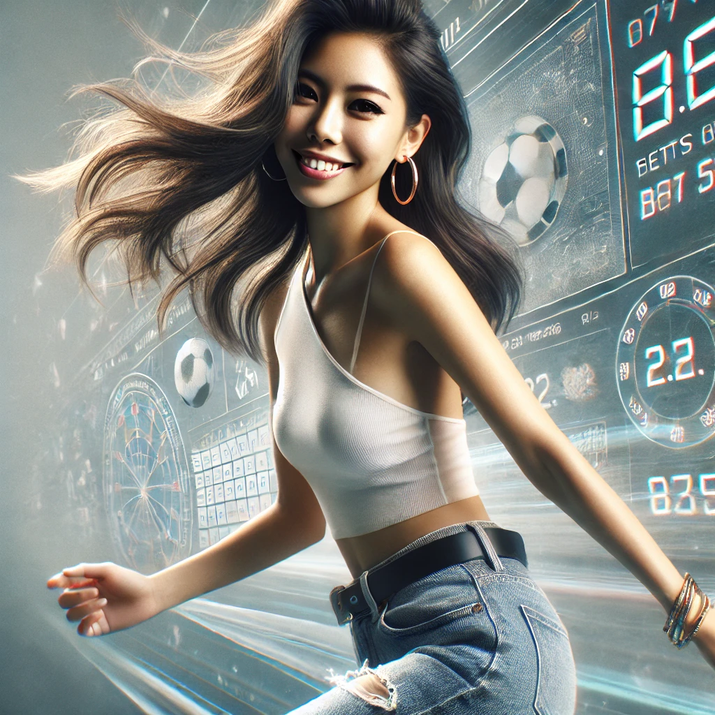 An ultra-high-quality image of a youthful Asian woman with an engaging smile, dressed in a tasteful, minimal outfit, with faint sports elements blended into the vibrant background