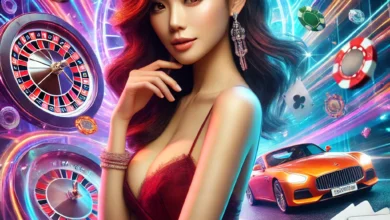 Confident Singaporean woman in a dynamic casino scene with vibrant poker chips and neon lighting