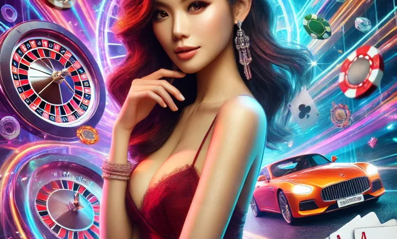 Confident Singaporean woman in a dynamic casino scene with vibrant poker chips and neon lighting