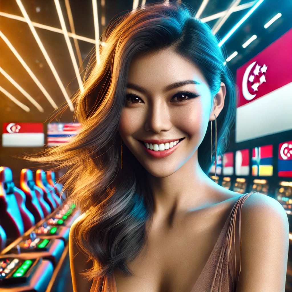 "A beautiful Singaporean woman enjoying a lively sports betting atmosphere with colorful, abstract stadium lights and icons representing sports